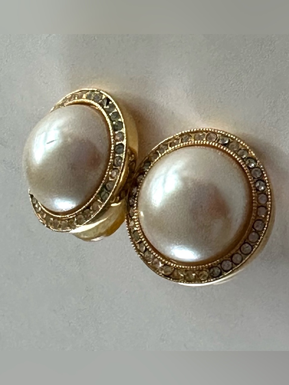 Marvella Gold Tone Faux Pearl Dome Rhinestone Halo Earrings Pierced Stud Vintage